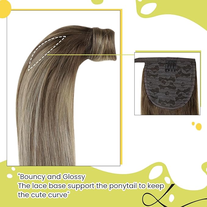 RUNATURE Human Hair Ponytail, Wrap Around Clip in Ponytail Extension Human Hair, Balayage Real Pony Tails Hair Extensions, 18 Inch 80g #3/8/22 Walnut Brown to Light Brown with Light Blonde