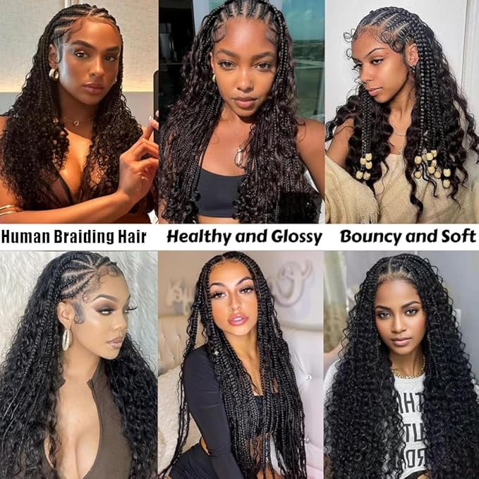 Human Braiding Hair for Boho Braids 150g 3 Bundles/Pack 12 12 12 Inch Deep Wave Bundles Human Hair for Braiding Wet and Wavy Natural Color