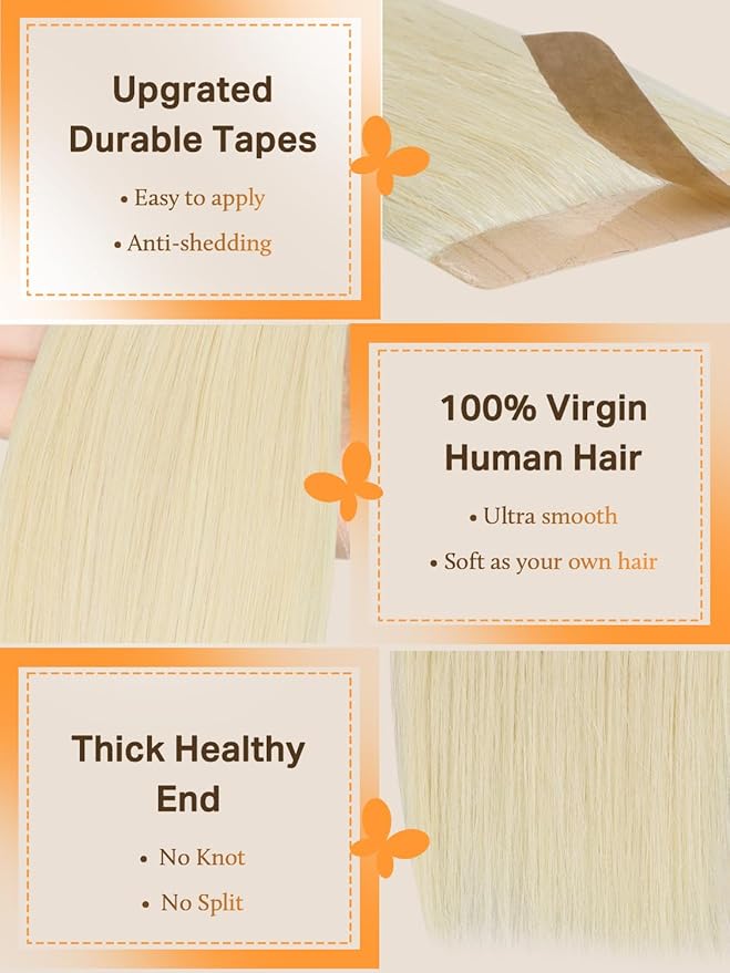 DOORES Tape in Hair Extensions Real Human Hair, Platinum Blonde 12 Inch 80g 40pcs, Human Hair ExtensionsNatural Remy Hair Extensions Straight Hair Skin Weft for Women