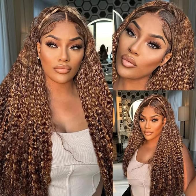 Highlight 13x4 HD Lace Front Wigs Human Hair 4/27 Deep Wave for Black Women 180 Density Ombre Honey Blonde Curly Glueless Lace Frontal Wigs Human Hair Pre Plucked (32inch)
