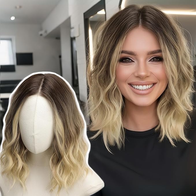 AISI HAIR Brown To Blonde Wavy Wig for Women,14 Inch Shoulder Length Middle Part Wavy Bob Lace Hairline Wigs Synthetic Heat Resistant Fiber Wig for Daily Party Use