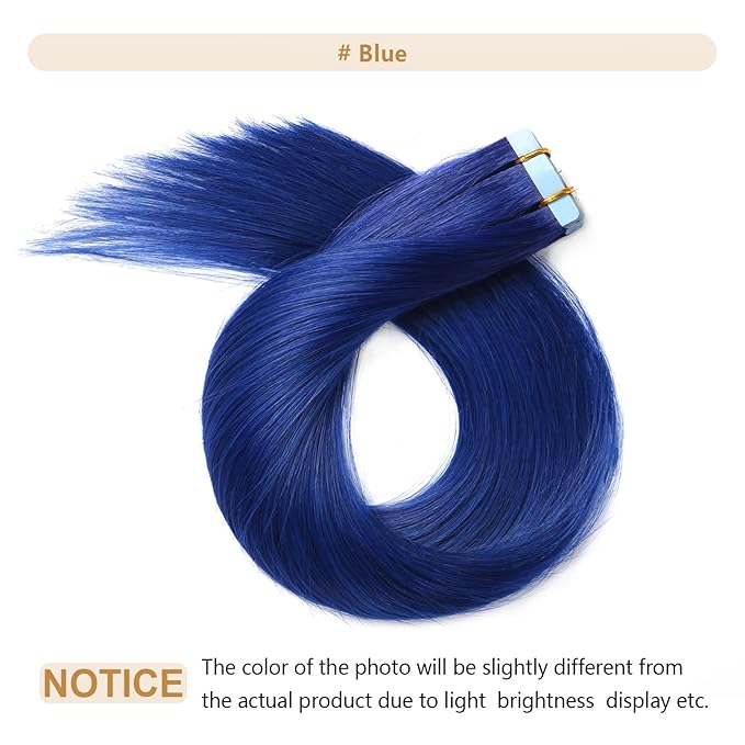 YILITE 20pcs/Pack Blue Tape in Human Hair Extensions, 18inch 50g Seamless Skin Weft Tape ins (Blue)