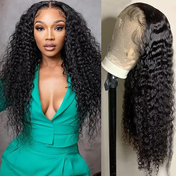 13x6 Deep Wave Lace Front Wigs Human Hair HD Full Lace Frontal Wigs Pre Plucked Bleached Knots 180% Density Deep Curly Human Hair Wig Natural Color 22 Inch