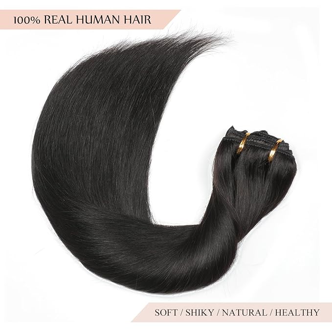 Sisily Clip in Hair Extensions Real Human Hair, 22 inch 170g, Natural Straight Human Hair Clip in Extensions for Black Woman, Soft Straight 7pcs Per Set with 16 Clips Double Weft