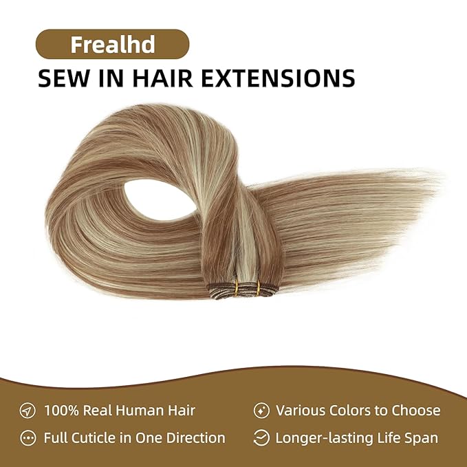 Sew in Hair Extensions Real Human Hair, 110g 22 inch Highlighted Color Ash Brown Mix with Platinum Blonde Hair Extensions Double Weft Remy Straight Weave Bundles Human Hair