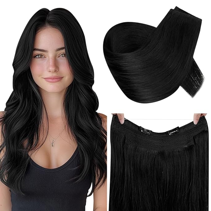 RUNATURE Short Wire Hair Extensions Real Human Hair Invisible Wire Hair Extensions Black One Piece 12 Inch 70g Seamless Fish Line Hairpiece #1 Jet Black
