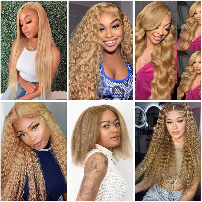Honey Blonde Kinky Straight Bundles Human Hair Color #27 Bundles Peruvian Virgin Hair Mixed Length 3 Bundles 16 18 20 Inch 27 Blonde Human Hair Bundles Hair Extensions 150g