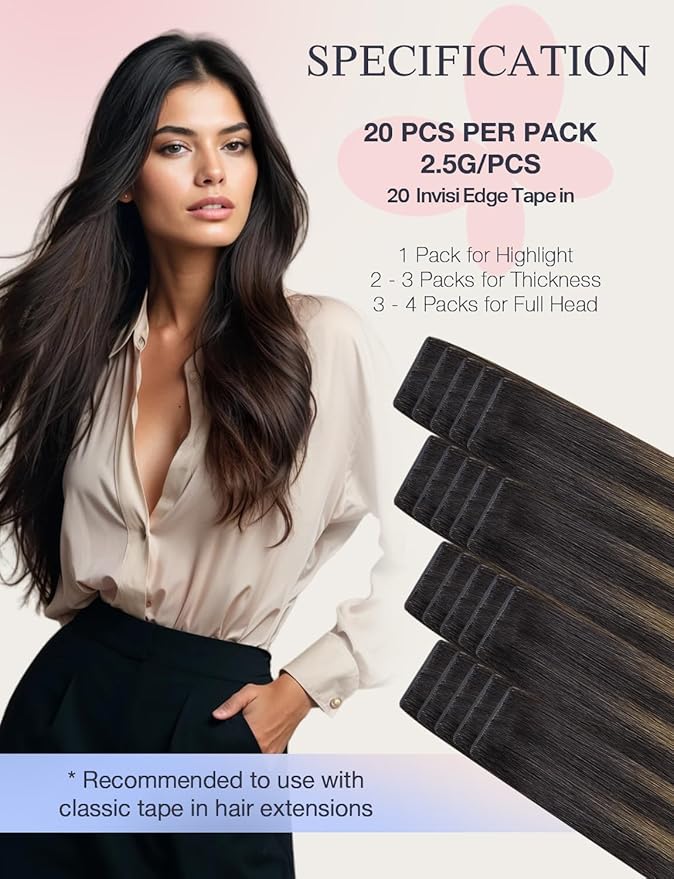 DOORES Seamless Tape in Human Hair Extensions Invisi Edge, Dark Brown to Chestnut Brown 10 Injection Tape-ins with 10 Injection Tape-ins 50g 20 Inch, Injected Tape in Extensions