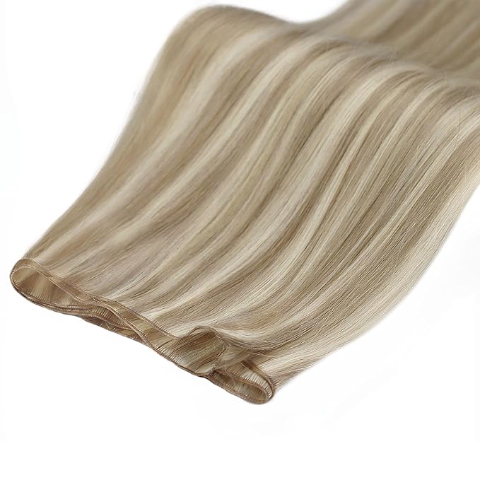 Fshine Genius Weft Human Hair Genius Weft Ash Blonde and Golden Blonde Sew in Real Human for Women Hair Extensions 24 Inch 60g