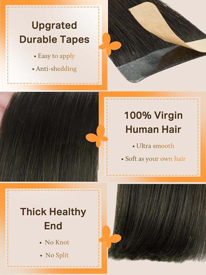 DOORES Real Human Hair Extensions - Mocha Brown, 22 Inch, 40pcs 100g Tape in Straight Remy Hair, Skin Weft