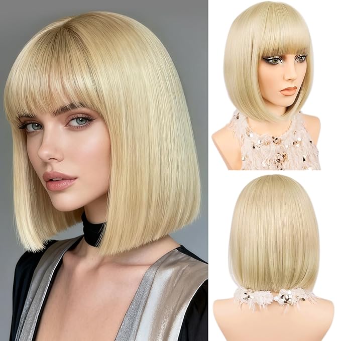 MAYSA Blonde Bob Wig with Bangs for Women Short Straight Beige Bob Wig 12in Synthetic Daily Party Natural Looking Wigs # Blonde