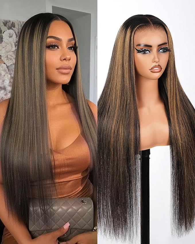 Real Bleached Knots Highlight Lace Front Wigs Human Hair 220% Density Balayage Glueless Wigs Human Hair 30 inch 13x4 Ombre Straight Lace Front Wig Pre Plucked FB27