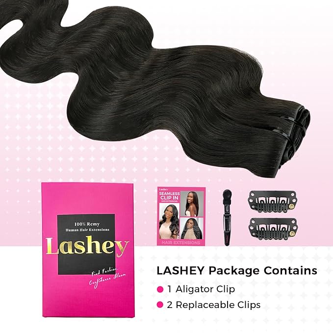 Lashey Invisi Edge Clip in Hair Extensions, 7pcs 110g 18 Inch Natural Black Seamless Clip in Hair Extensions Human Hair Body Wave Real Remy Human Hair