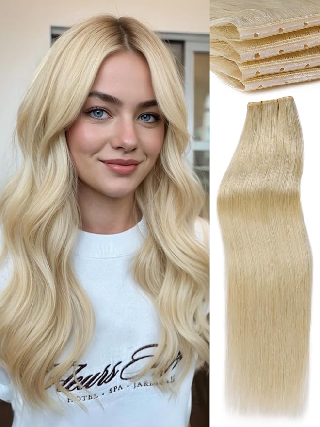 WIGNEE Double Butterfly OVO Weft Hair Extensions Human Hair 2 PCS Real Human Hair Beaded Weft Hair Extensions Human Hair Blonde Color (613)