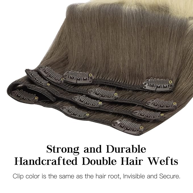HOTBANANA Human Hair Clip in Hair Extensions, Ombre Sandy Brown to Platinum Blonde 120g Clip in Hair Extensions Real Human Hair Straight Remy Hair Clip in Hair Extensions 16 Inch 7pcs