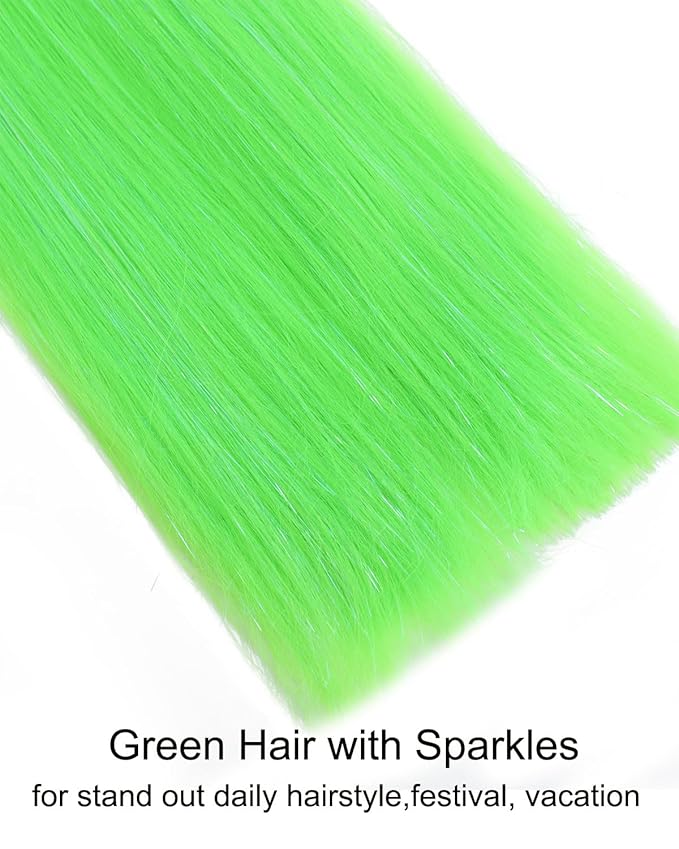 Colored Hair Extensions Neon Green Ponytail Extension 2 Packs, 20 inch Crazy Hair Day Accessories for Women, DIY Festival Wacky Rave Braids,Tinsel Mixed