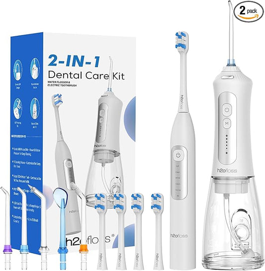 H2ofloss Sonic Electric Toothbrush and Water Flosser Combo, Rechargeable 2000mAh Toothbrush and 2500mAh Oral Irrigator with 300ml Tank, 4 Brush Heads, 5 Nozzles, 2 in 1 for Home and Travel (White)