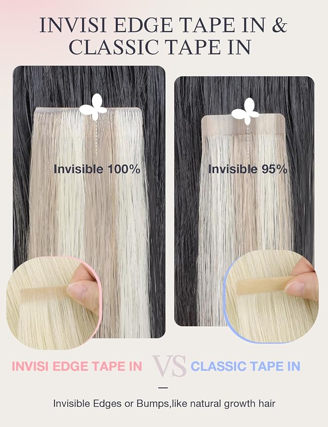 DOORES Invisi Edge Hair Extensions Tape in, Platinum Blonde 10 Injection Tapeins with 10 Classic Tapeins 50g 16 Inch, Injected Tape in Extensions Virgin Human Hair Thick Ends