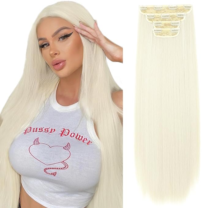 REECHO 28" Straight Super Long 4 PCS Set Thick Clip in on Hair Extensions White Blonde