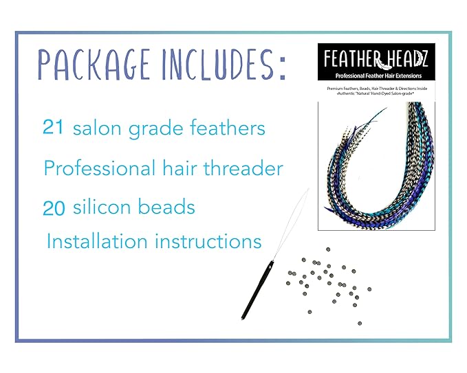 21 Purple, White & Turquoise Grizzly Hair Extensions – 9”–14” Long – DIY Rooster Kit with 20 Micro-Link Beads – 100% Real Feathers – Eye-Catching Boho Style