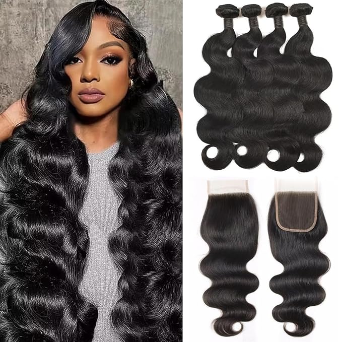 Body Wave Bundles with Closure Human Hair 16 18 20 22 + 14 Inch Brazilian Human Hair 4 Bundles with 4x4 HD Lace Closure Part 12A Grade 100% Unprocessed Virgin Hair