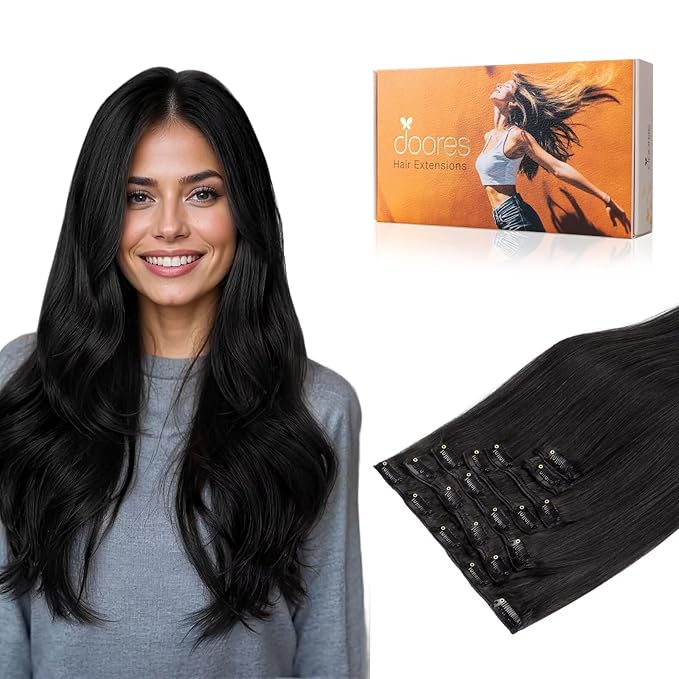 DOORES Human Hair Extensions Clip in Natural Black 120g 7pcs 18 Inch Remy Clip in Hair Extensions Natural Straight Thick Hair