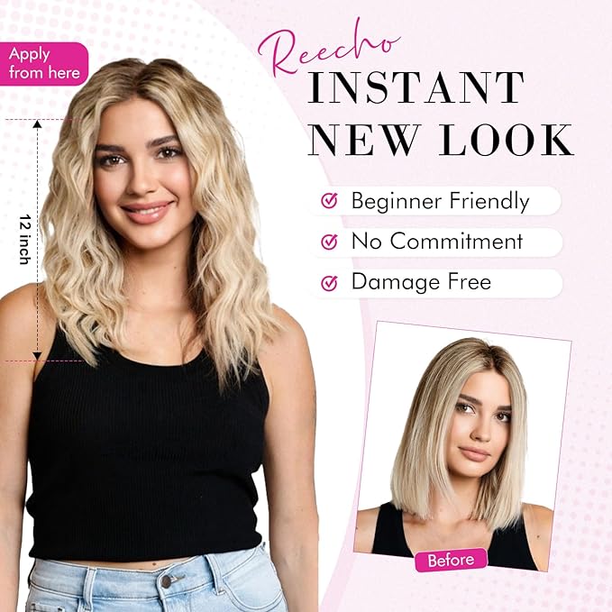 REECHO Clip in Hair Extensions, 4PCS Hair Extensions 12" Short Curly Wavy Blonde hair extensions Invisible Lace Weft Natural Soft Hairpieces for Women – Golden Blonde with Highlights