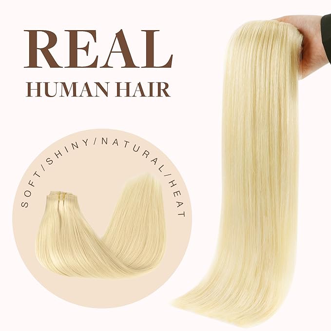GOO GOO Clip in Hair Extensions Real Human Hair, Remy Human Hair Extensions Clip ins for Women, Natural Human Hair, 14inch 130g 9Pcs, 613R Bleach Blonde