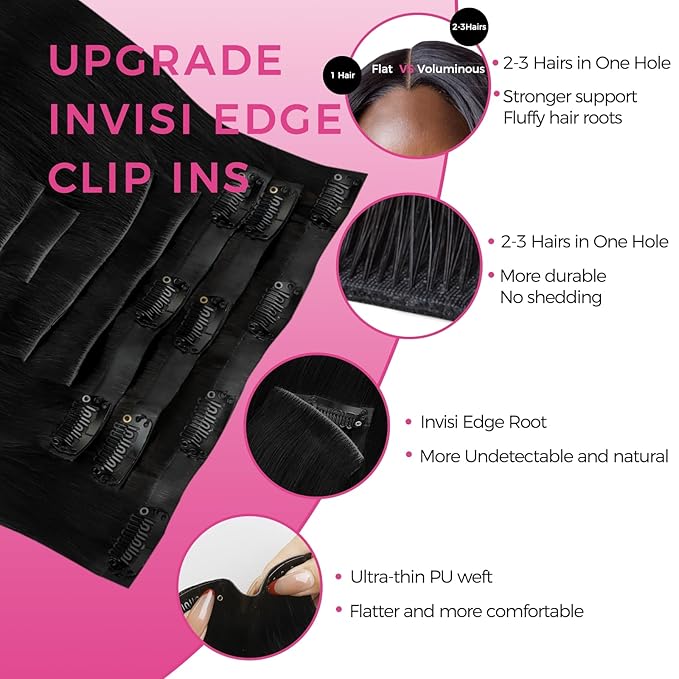 Lashey Invisi Edge Clip in Hair Extensions 16 Inch 110g 7pcs Injected Seamless PU Clip in Hair Extensions Virgin Human Hair, #1 Jet Black Straight Hair