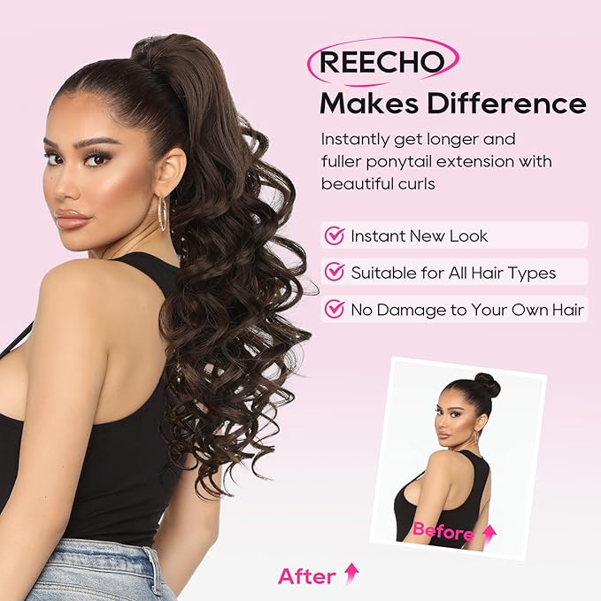 REECHO Ponytail Extension, 24" Claw Clip in Ponytail Extensions Long Curly Wavy Jaw Clip on Pony Tails Hairpiece for Women, Dark Blonde with Light Ends