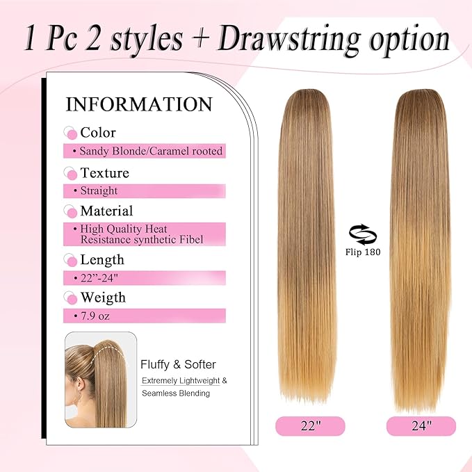 Ponytail Extension, 24" Long Straight Claw Clip Ponytail Extension clip on ponytails hair clip Hair claw clip Fake Ponytail Hairpieces for Women – Sandy Blonde/Caramel Rooted