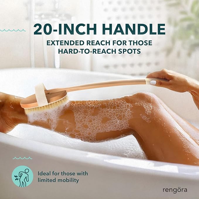 Back Scrubber for Shower - 20" Long Handle Shower Brush - Natural Bristle Back Brush - Ergonomic Handle + Silicone Anti-Slip Grip - Great Gift Idea - Men, Women + Elderly Love This (Firm Bristles)