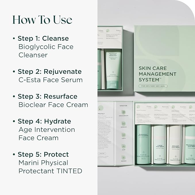Marini SkinSolutions Skin Care Management System, Dry to Very Dry Skin with Physical Protectant Tinted SPF 45 - Cruelty Free - Made in The USA