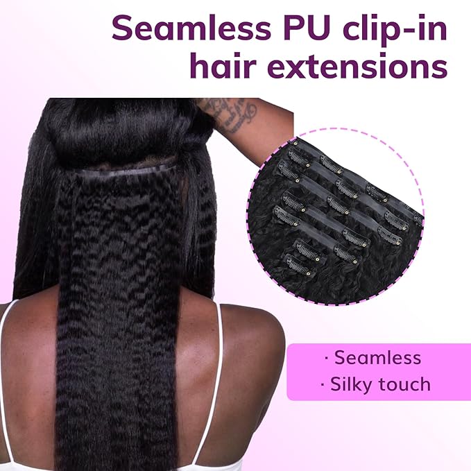IDN BEAUTY Seamless Clip In Hair Extensions Human Hair, Kinky Straight 14 Inch Natural Black Seamless Clip Ins For Black Women PU Weft Invisible Edge Soft Thick Ends 130g 9pcs