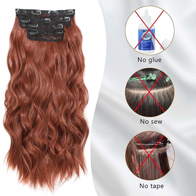 Clip in Hair Extensions 4 PCS 20 Inch Auburn Long Wavy Hair Extensions, Natural Soft Hair Double Weft Hairpieces for Women (350#, 20INCH)