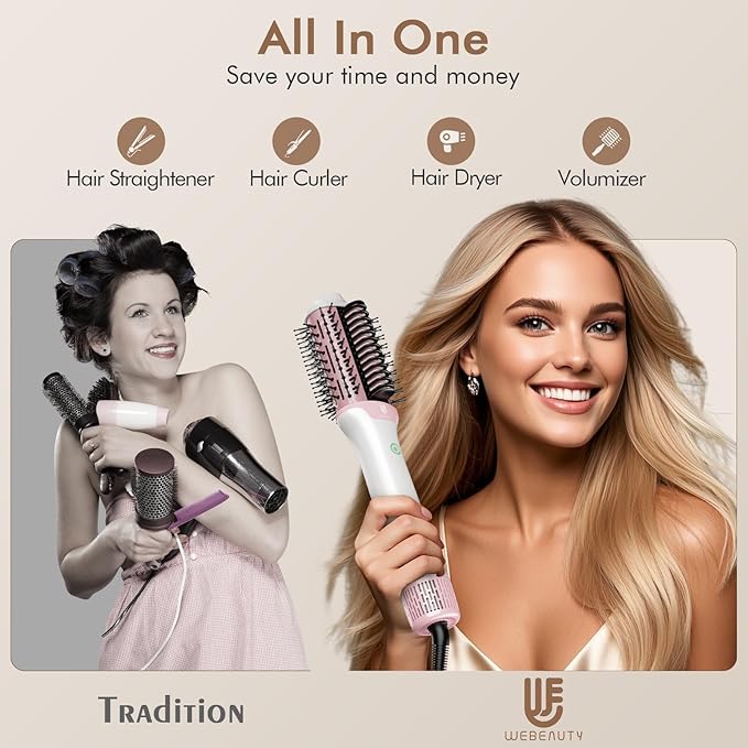 Blow Dryer Brush Hair Straightener: High Speed Hot Air Styler 110,000 RPM for Fast Drying Straightening Volumizing, One Step Volumizer with PTC Smoothing Comb Negative Ion for Silky Frizz-Free (Pink)