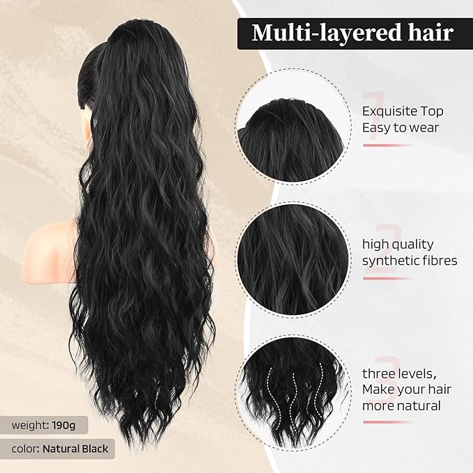 Flufymooz Ponytail Extension, 26 Inch Drawstring Ponytail Hair Extensions for Women， Long Curly Wavy Pony Tail Natural Wavy Synthetic Hairpiece for Women Daily Use party ((26 Inch Natural Black)