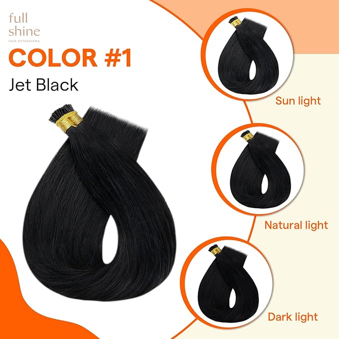 Full Shine I Tip Hair Extensions Human Hair Color 1 Jet Black 16 Inch 40 Grams Itip Human Hair Extensions Natural Remy Hair for Women Cold Fusion Prebonded Extensions