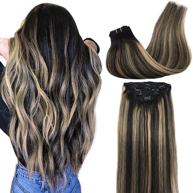 GOO GOO Clip in Hair Extensions Real Human Hair, Remy Human Hair Extensions Clip ins for Women, Natural Human Hair, 24 Inch 170g 7Pcs, 1B/16/1B Balayage Natural Black to Light Blonde