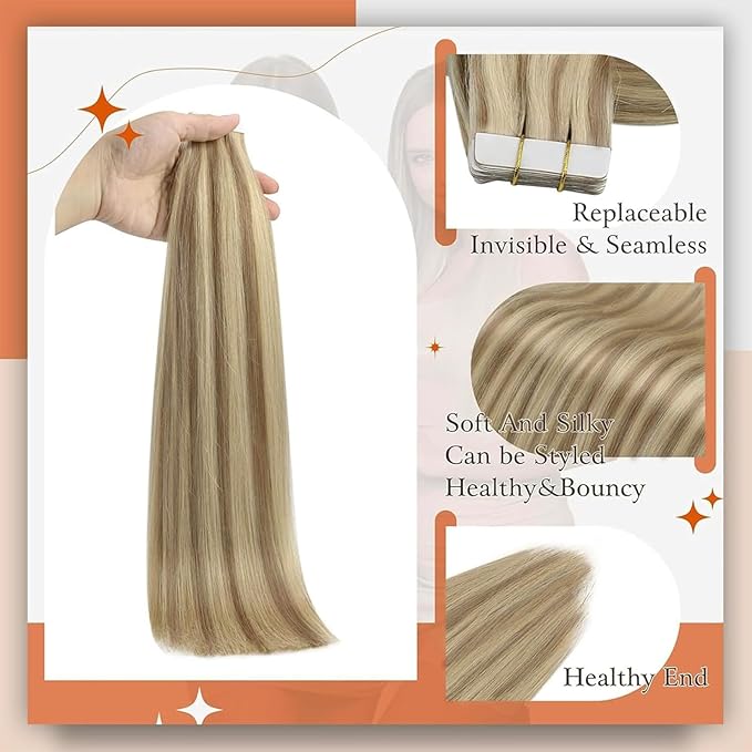 Full Shine Tape in Extensions Human Hair 18 Inch Blonde Hair Extensions Tape Real Human Hair Color 16 Highlighted 22 Invisible Skin Weft Tape ins Remy Extensions 50g 20 Pcs Seamless Extension