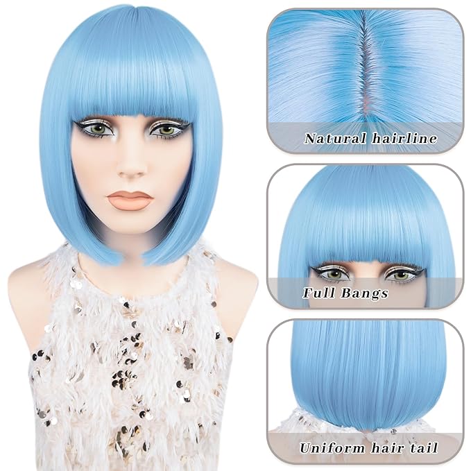 MAYSA Blue Bob Wig With Bangs Short Straight Bob Wig for Women Cosplay Daily Party Synthetic Colorful Wigs 12Inch # Baby Blue