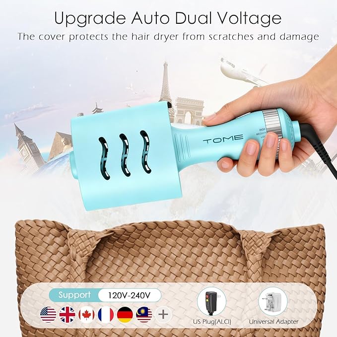 Travel Hair Dryer Brush, Dual Voltage Blow Dryer Brush, Mini Hot Air Portable 2 inch Travel Hair Dryer Styler Volumizer Oval Shape (Blue)