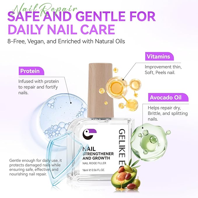 Gelike EC Nail Strengthener and Growth for Women: Clear Nail Hardener for Damaged Weak Peeling Nails – 60s Quick Dry Protein Repair Base Coat – Long Lasting High Shine Daily Home Care 16ml