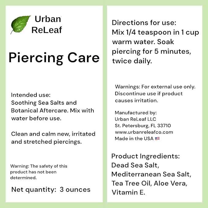 Urban ReLeaf Piercing Care - Healing Sea Salt & Botanical Aftercare - Safely Clean & Heal New & Stretched Piercings - 1 (3 Ounce)