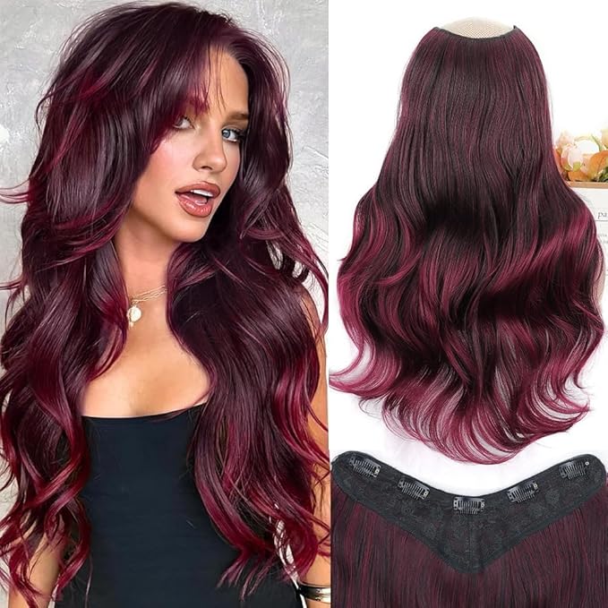 ALXNAN Long Wavy Hair Extensions for Women, Clip in Hair Extensions Clip Ins Soft Full Head Synthetic Hairpieces 20 Inch Ombre Burgundy mix Black