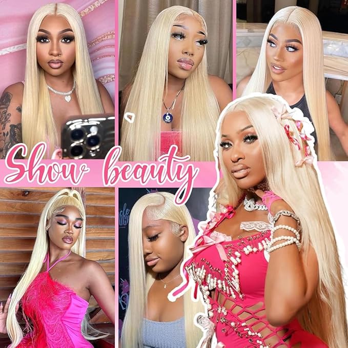 ALI PANDA 200 Density 613 13X6 Lace Front Wigs Human Hair Pre Plucked 32Inch Straight HD Transparent Lace Frontal Wigs Human Hair, Blonde Glueless Wig Bleached Knots with Baby Hair