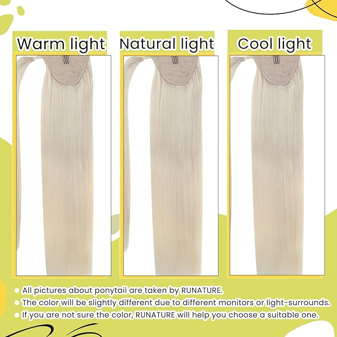 RUNATURE Real Hair Ponytail Extension 18 Inch 80g Ice Blonde Ponytail Human Hair Extensions Natural Clip in Ponytail Hair Extensions Real Human Hair for White Women Long Pony Tails Extension