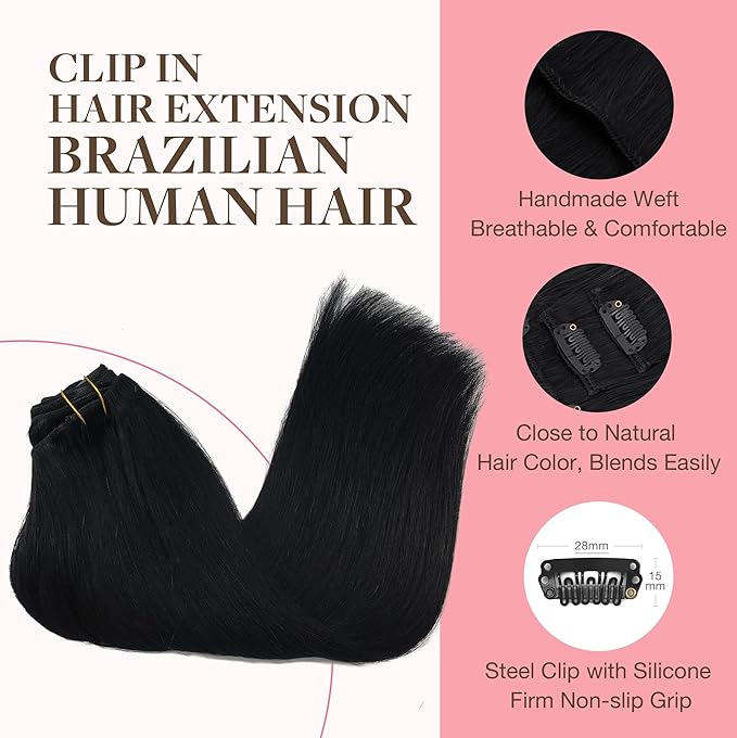 GOO GOO Clip in Hair Extensions Real Human Hair, Remy Human Hair Extensions Clip ins for Women, Natural Human Hair, 16inch 160g 7Pcs, #1 Jet Black