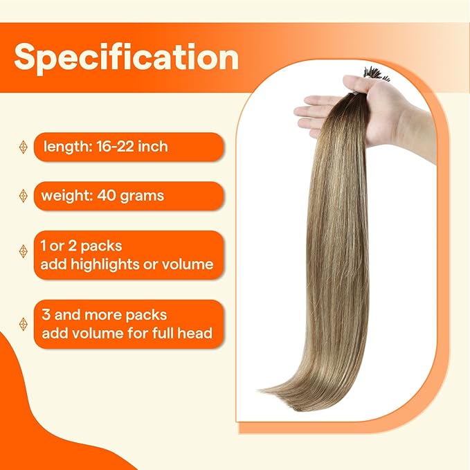 Full Shine Itip Human Hair Extensions Medium Brown to Ash Brown and Honey Blonde 16 Inch 40 Grams I Tip Hair Extensions Human Hair Invisible Fusion Extensions Straight Hair