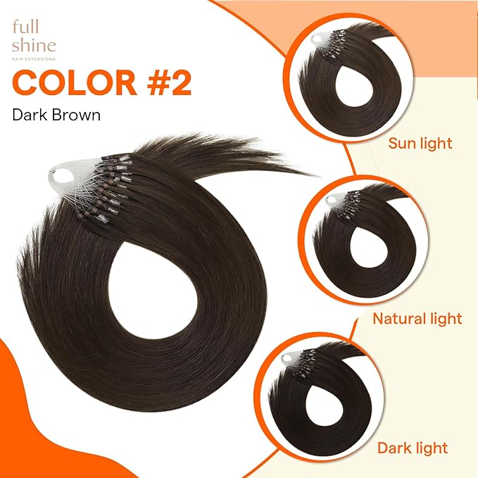 Full Shine Micro Link Hair Extensions Real Human Hair 22 Inch 50G with 7G Micro Beads Long Straight Remy Hair Color 2 Dark Brown Micro Loop Human Hair Extensions for Women add Length